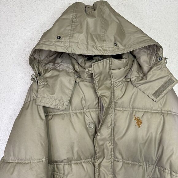 Vintage US Polo Assn Heavy Puffer Jacket Mens Large Beige Zip Button Close -Hood - Picture 1 of 13